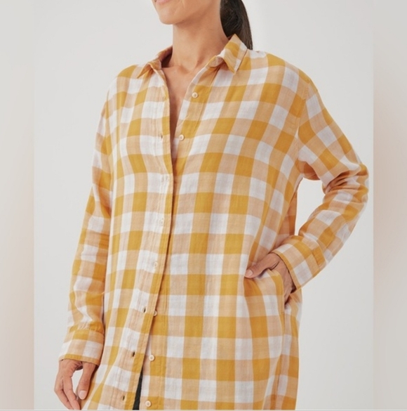 PACT Mustard Yellow Gingham Coastal Double Gauze Oversized Button Up Tunic ML - Picture 8 of 13